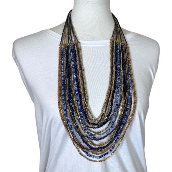 Chico’s Women’s Necklace Seed Bead Multi Strand Blue Navy Gold Tan 18” Length - Picture 9 of 10